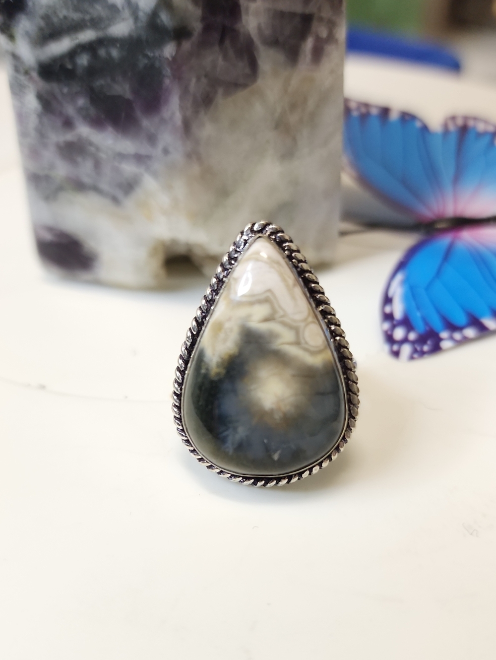 Teardrop Ocean Jasper Ring - Gray and Cream